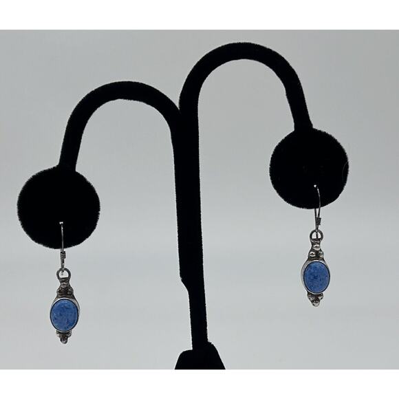 VTG Navajo Runnning Bear Sterling Silver Larimar Teardrop Dangle Earrings Signed - Picture 2 of 13